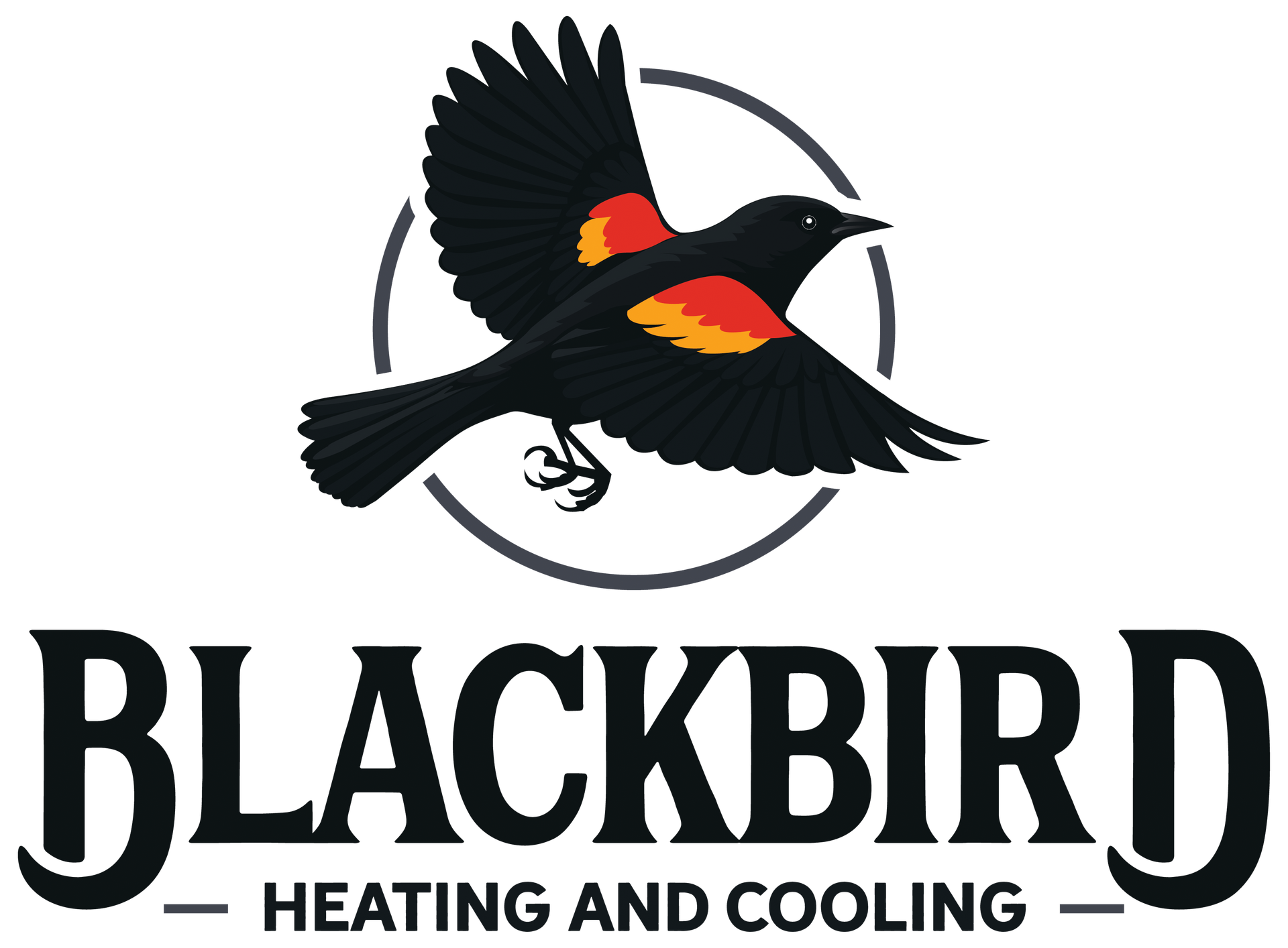 Blackbird logo: Black bird with red wing accents in flight within a gray circle, above 