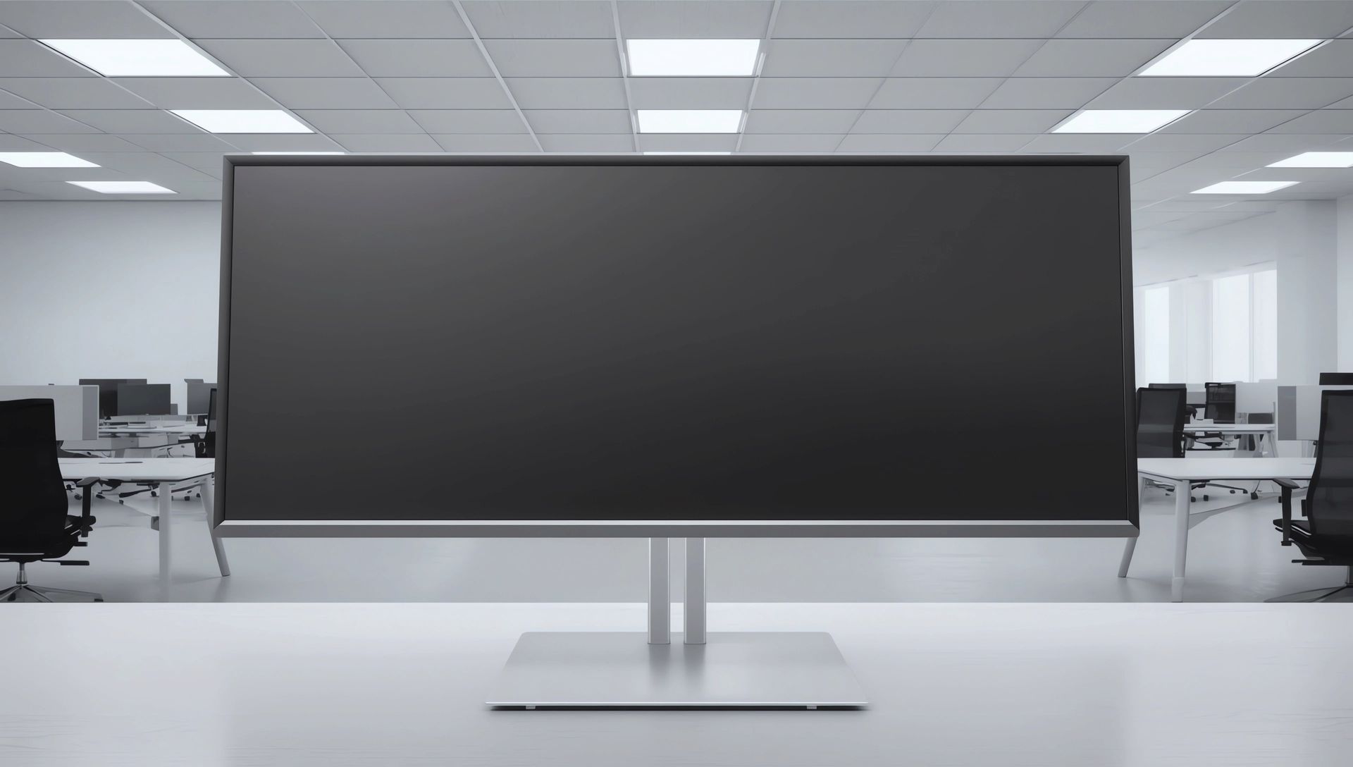 Large blank computer screen in an office setting.