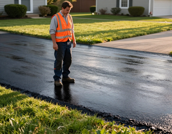 Williams Sealcoating crew member beside a freshly sealcoated driveway in York County, PA
