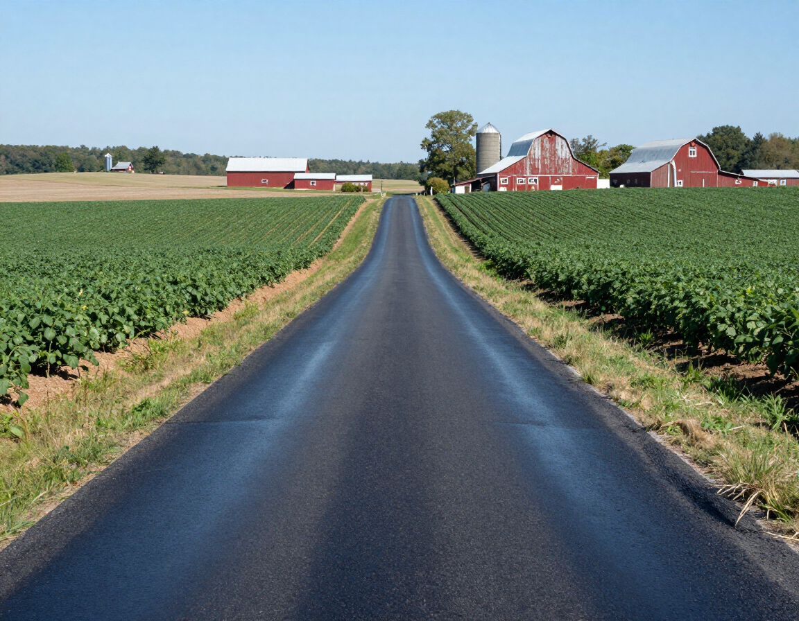 Freshly sealcoated farm access road through Central PA agricultural field