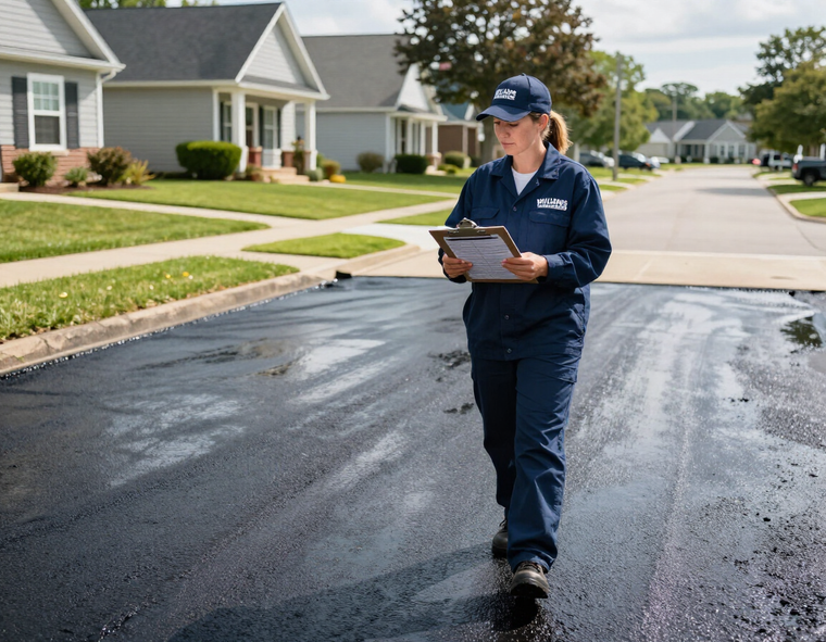 Williams Sealcoating crew member inspecting a freshly sealed driveway