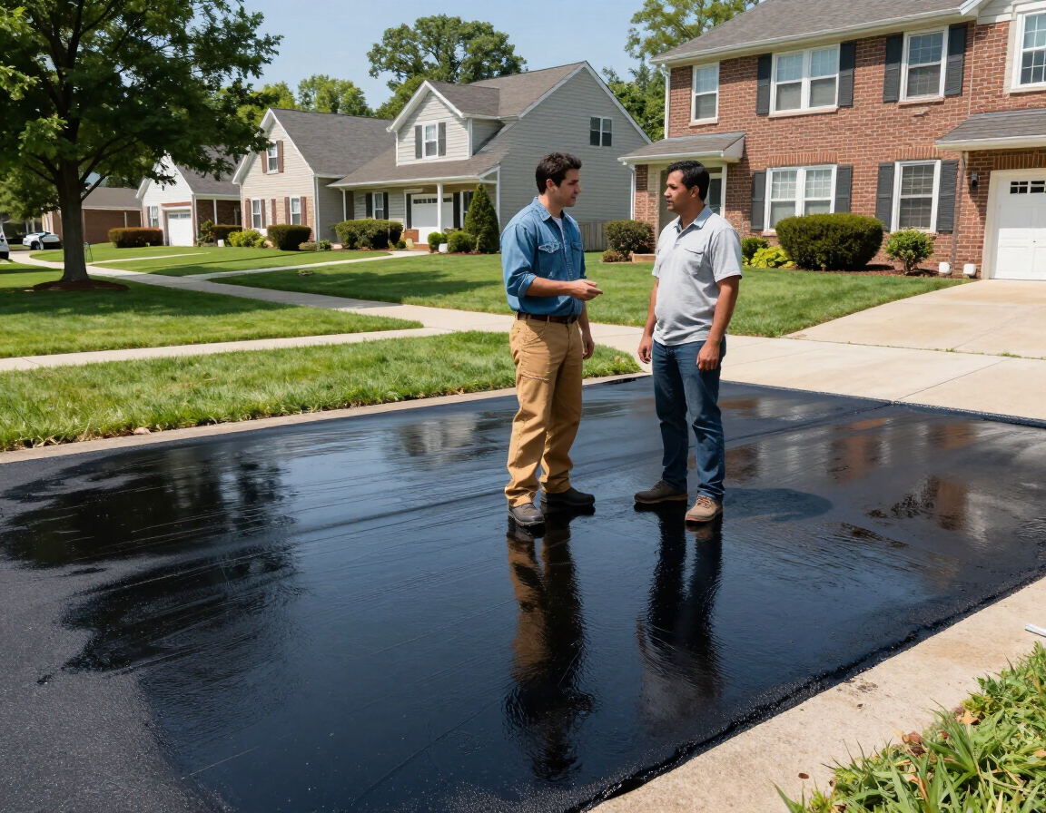 Contractor speaking with homeowner beside freshly sealcoated driveway