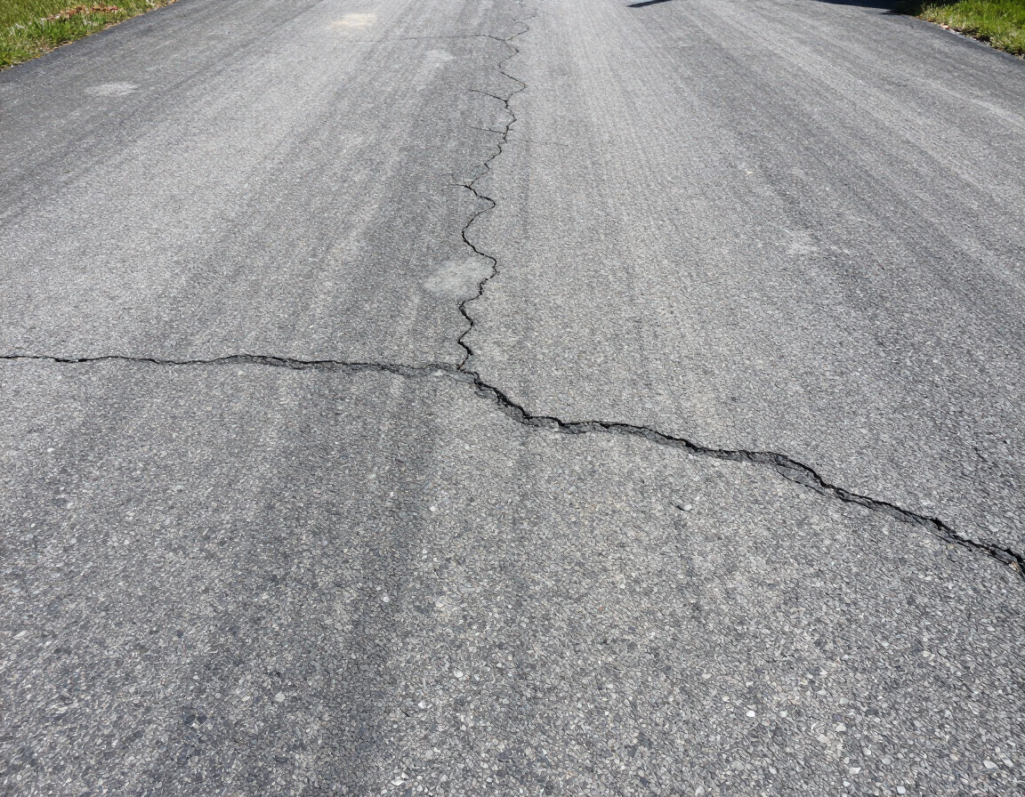 Weathered cracked asphalt showing oxidation and sun damage