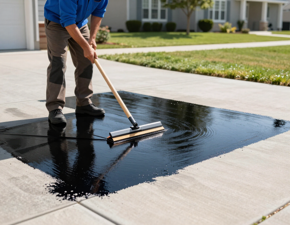 Contractor applying sealcoat to a residential driveway