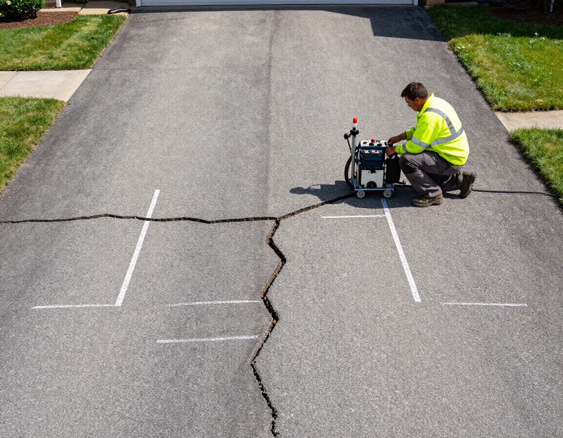 Contractor with hot-pour crack filling machine on marked residential driveway