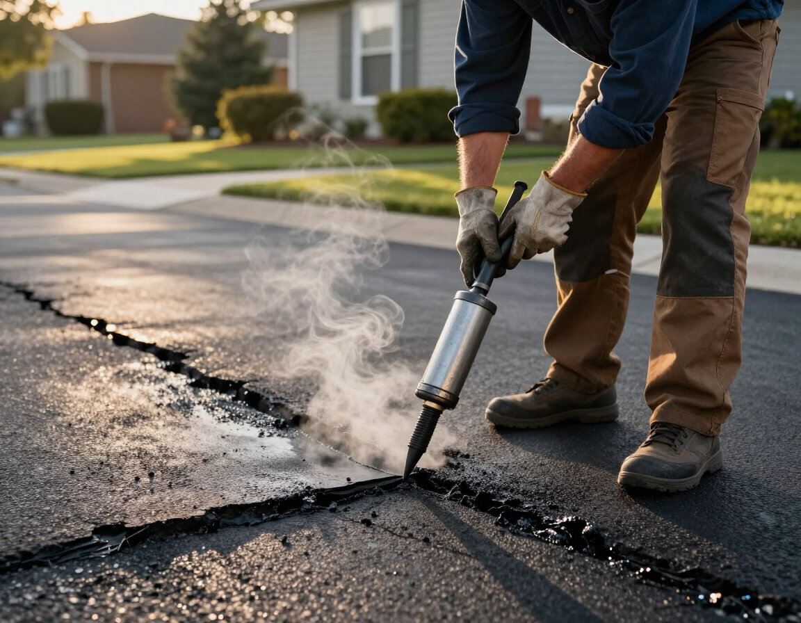 Crew member applying hot rubberized crack filler to a residential driveway