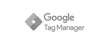 The google tag manager logo is black and white.