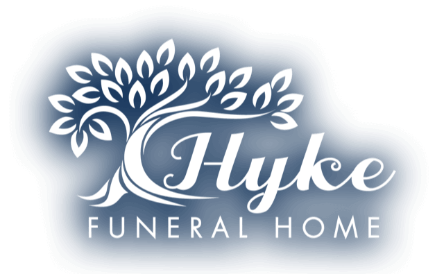 Hyke Funeral Home logo: white stylized tree, blue background, text "Hyke Funeral Home."