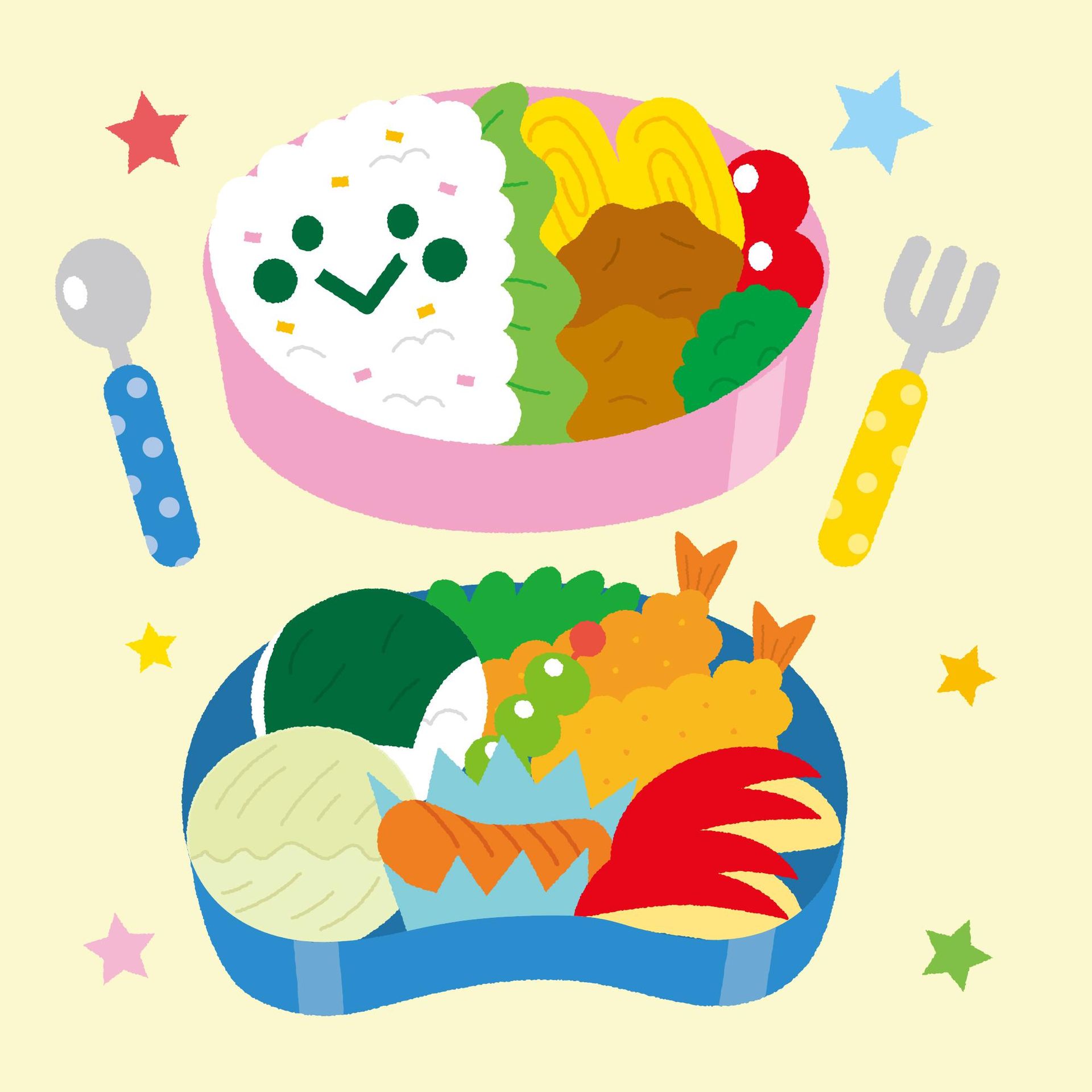 Two colorful bento boxes filled with food, spoon, and fork on a yellow background, surrounded by stars.