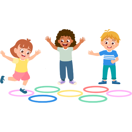 Three children playing hopscotch with colorful hoops; one jumps, and the others raise their arms.