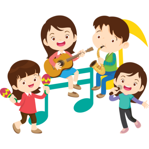Children playing musical instruments on teal musical notes.