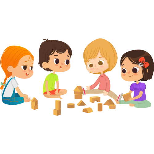 Children playing with wooden blocks. Four kids in colorful outfits are sitting on the floor.