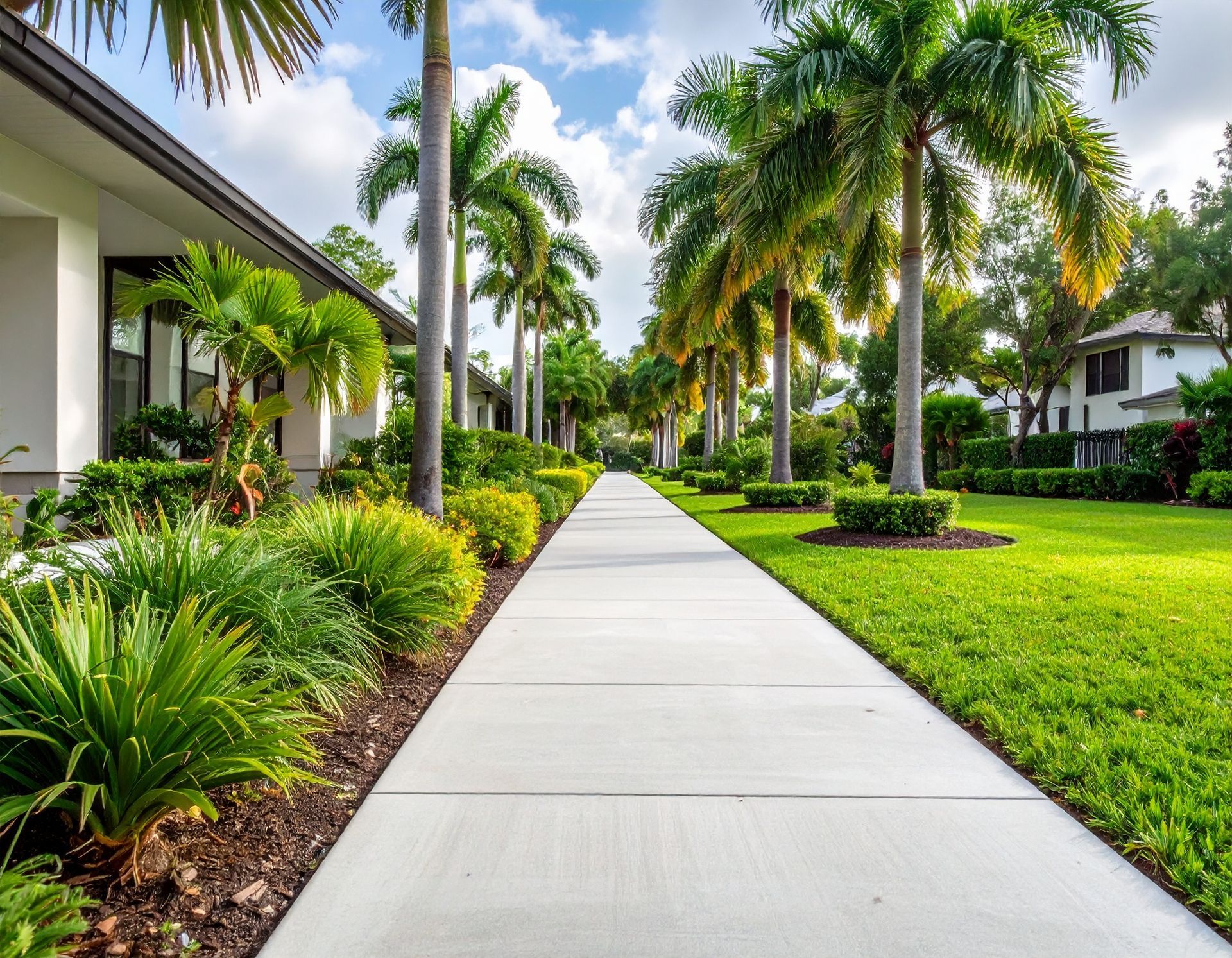 Straight concrete sidewalk through a palm-lined neighborhood streetscape in Coral Gables.