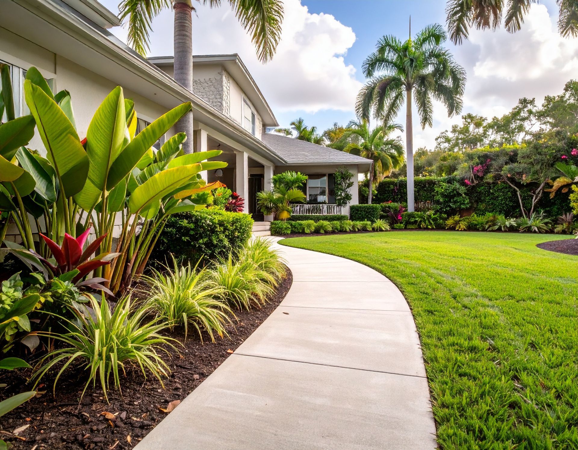 Curved concrete sidewalk leading to a front entry with tropical landscaping in Coral Gables.