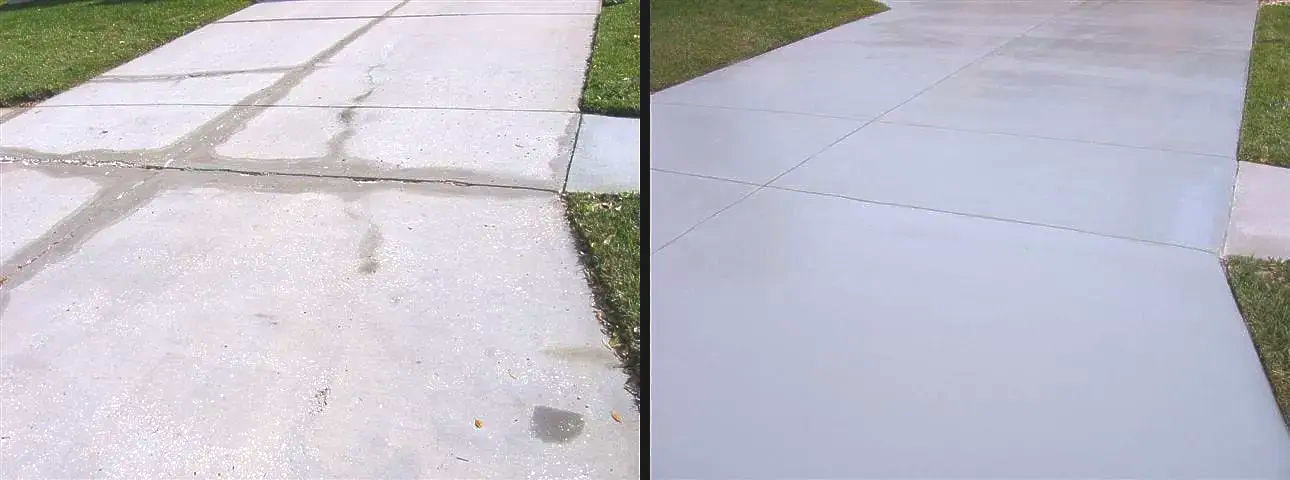 Before-and-after view of concrete driveway resurfacing showing stained vs newly restored slab.