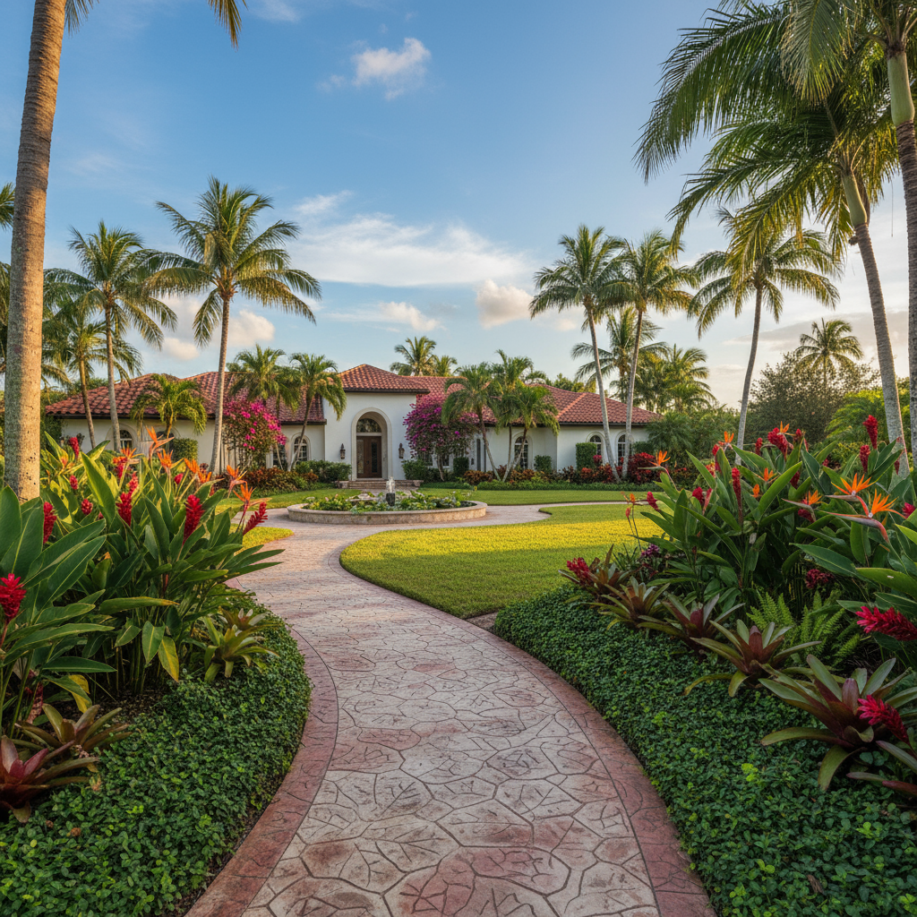 Colored, stamped concrete walkway leading to a Mediterranean-style home in Coral Gables.