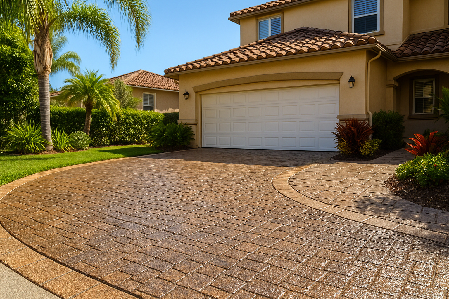 Stamped concrete driveway with decorative texture in front of a Florida home with palm trees in Coral Gables.
