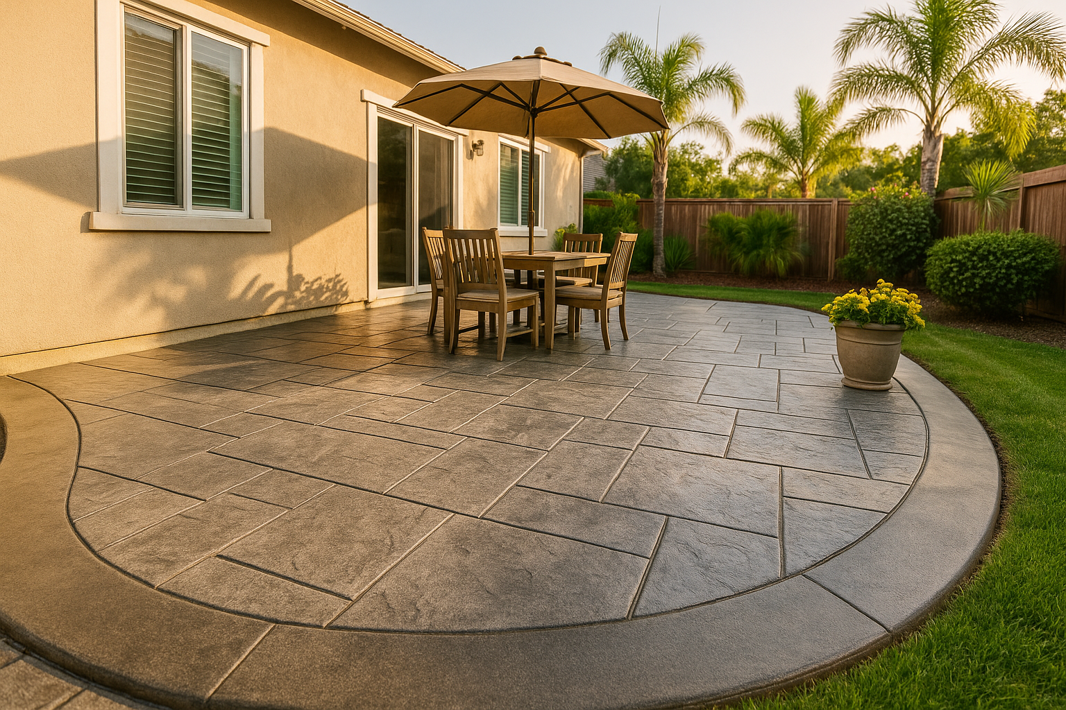 Stamped slate-pattern patio with rounded border in a tropical Coral Gables backyard.