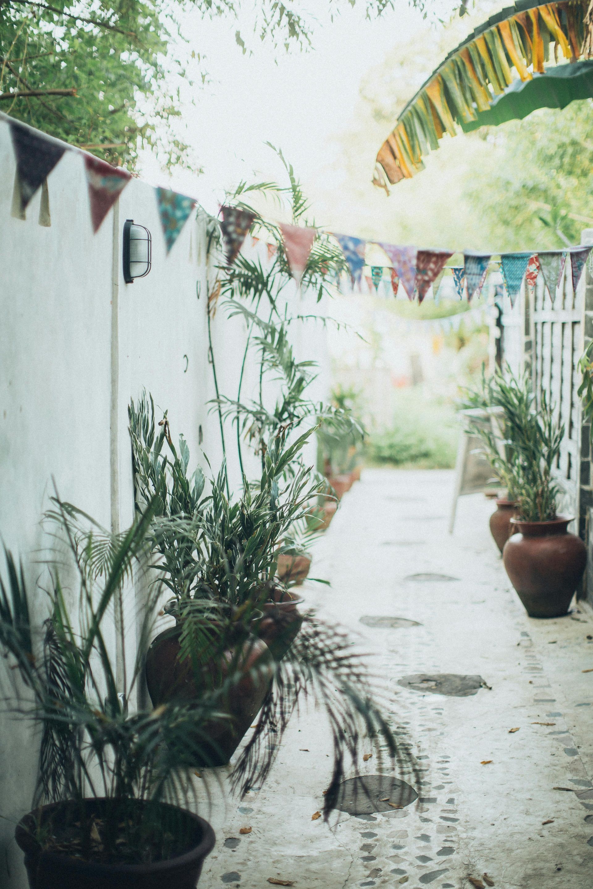 Light, outdoor concrete patio beside a fence with plants and bunting.
