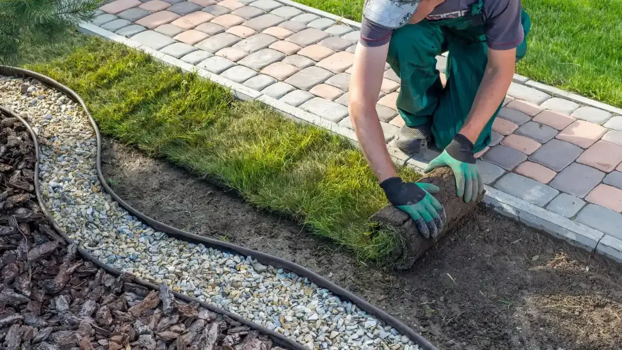 A man is laying a roll of turf in a garden.