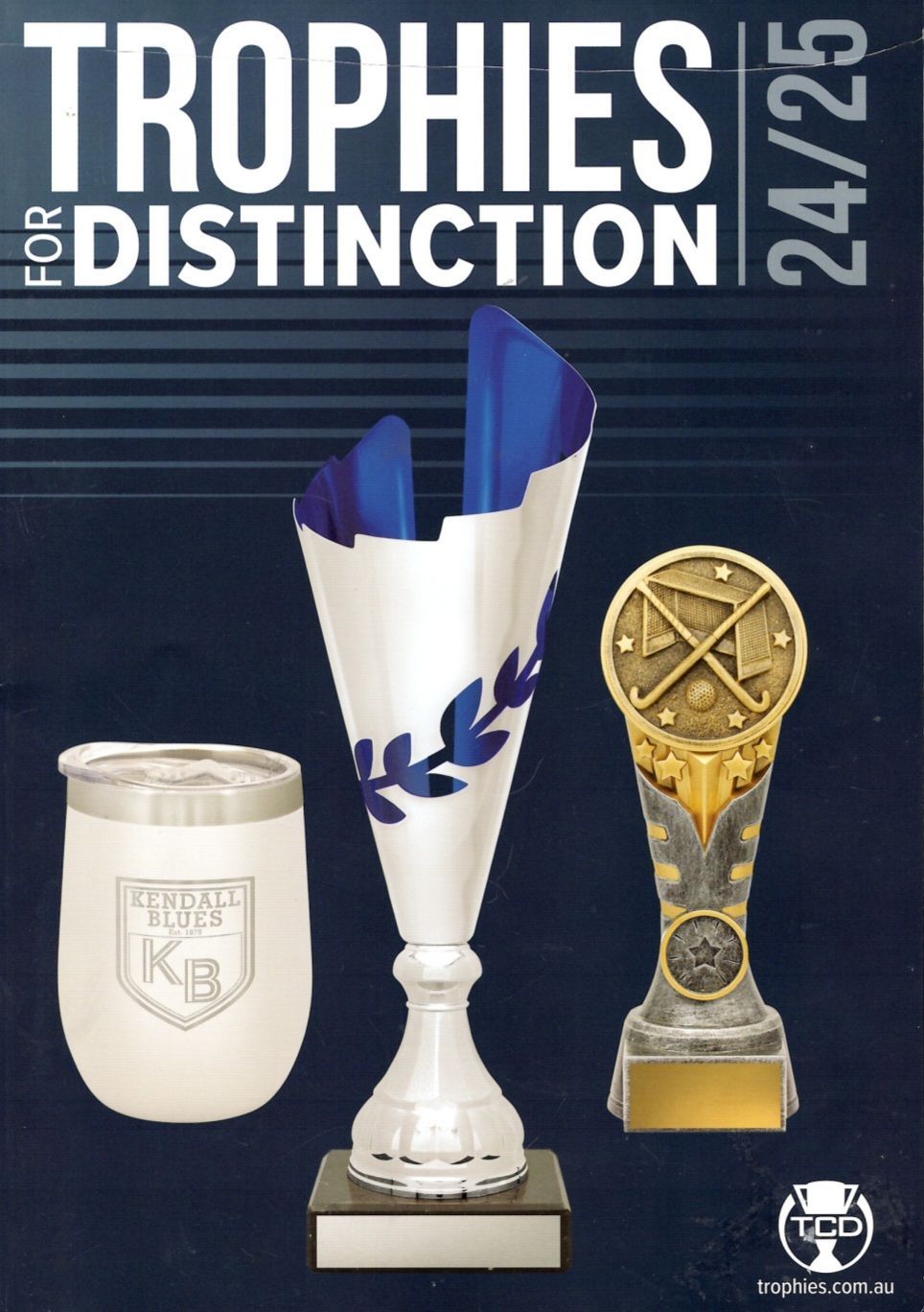 A book titled trophies for distinction shows a variety of trophies