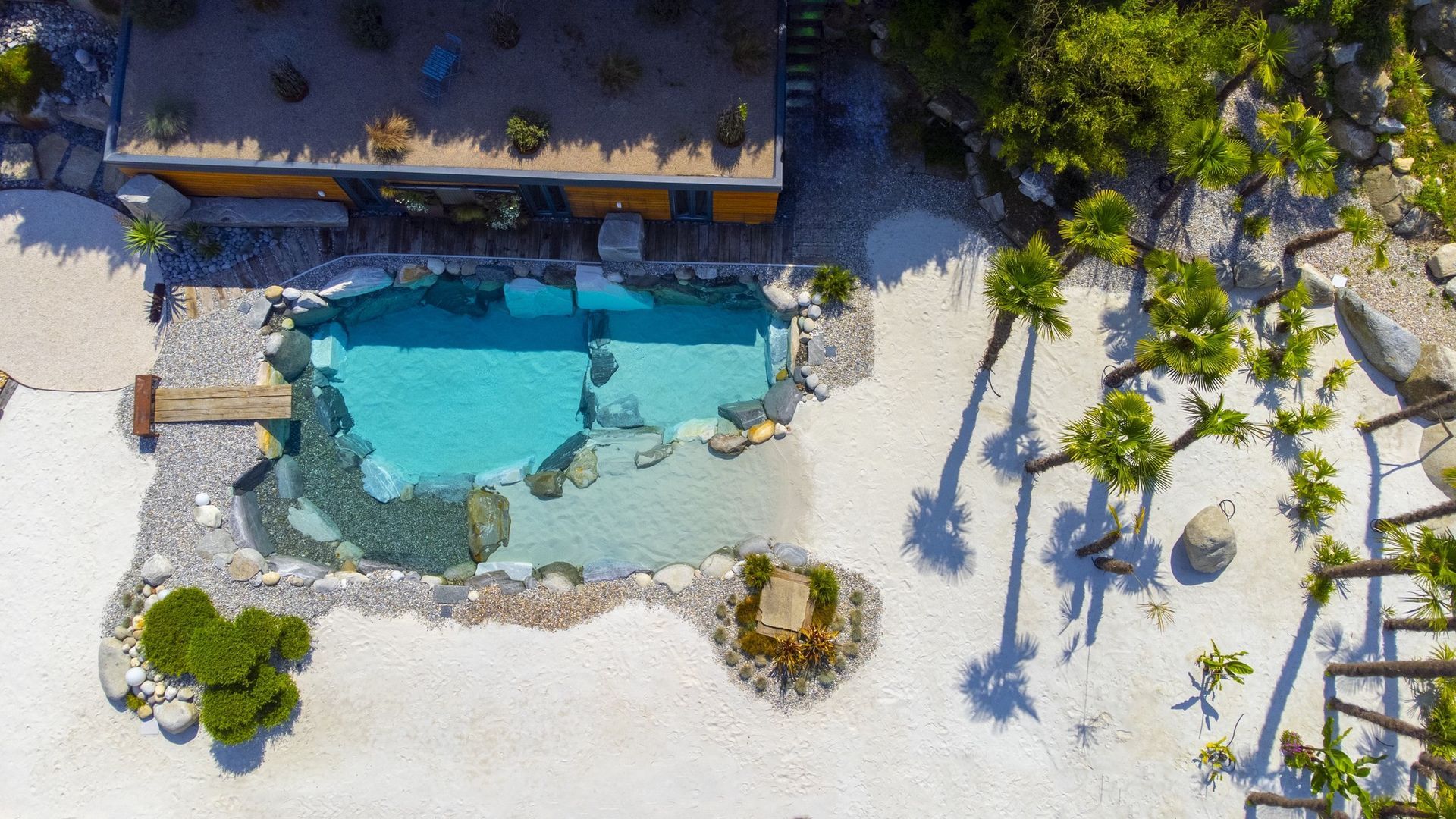 un parco acquatico pieno di persone e palme