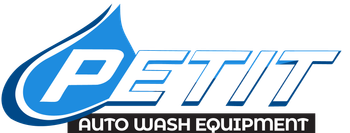 A blue and white logo for petit auto wash equipment