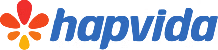 Logotipo da Hapvida: texto azul com um desenho de flor nas cores vermelha, laranja e amarela.