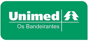 Logotipo da Unimed Os Bandeirantes em texto branco sobre um retângulo verde com cantos arredondados