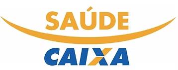 Logotipo da Saúde CAIXA, operadora de planos de saúde, com texto em amarelo e azul, apresentando uma linha curva.