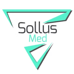 Logotipo da Sollus Med: Formas geométricas em tons de verde-azulado emolduram o texto "Sollus Med" em cinza e verde-azulado.