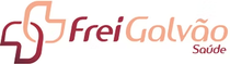 Logotipo da Frei Galvão Saúde, um serviço de saúde, com um desenho em forma de cruz nas cores bordô e pêssego.