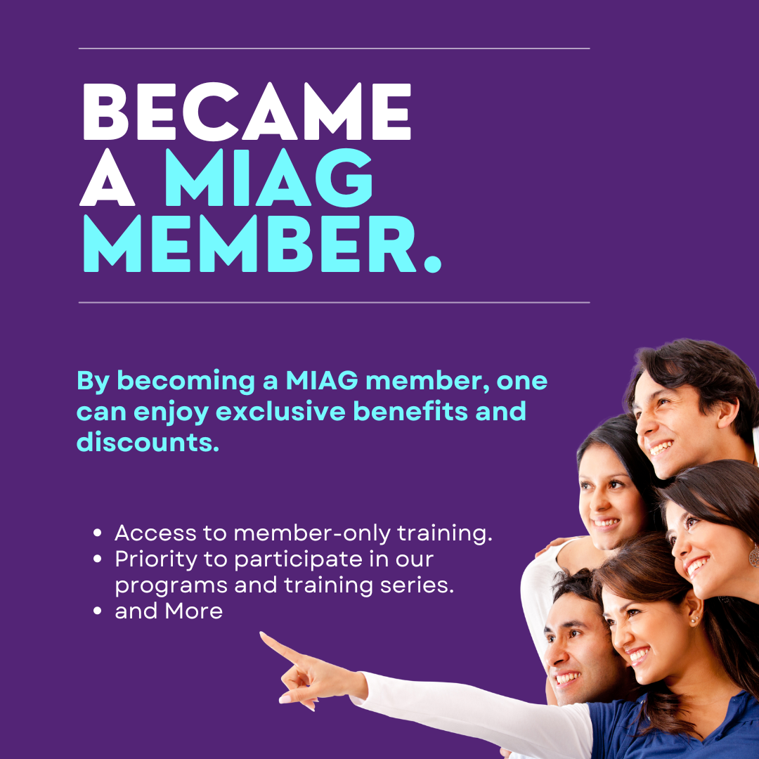 A group of people standing next to each other with the words became a miag member