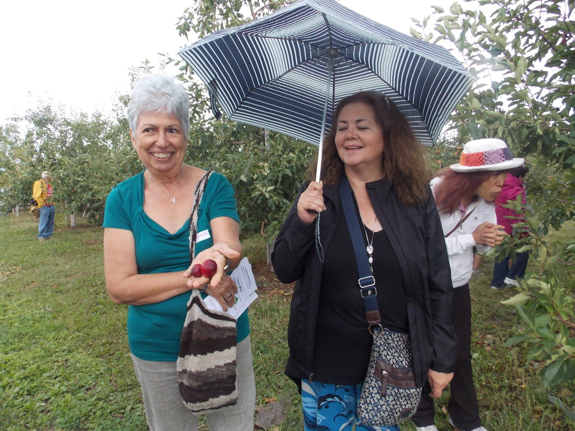 Two women are standing in a field holding an umbrella.