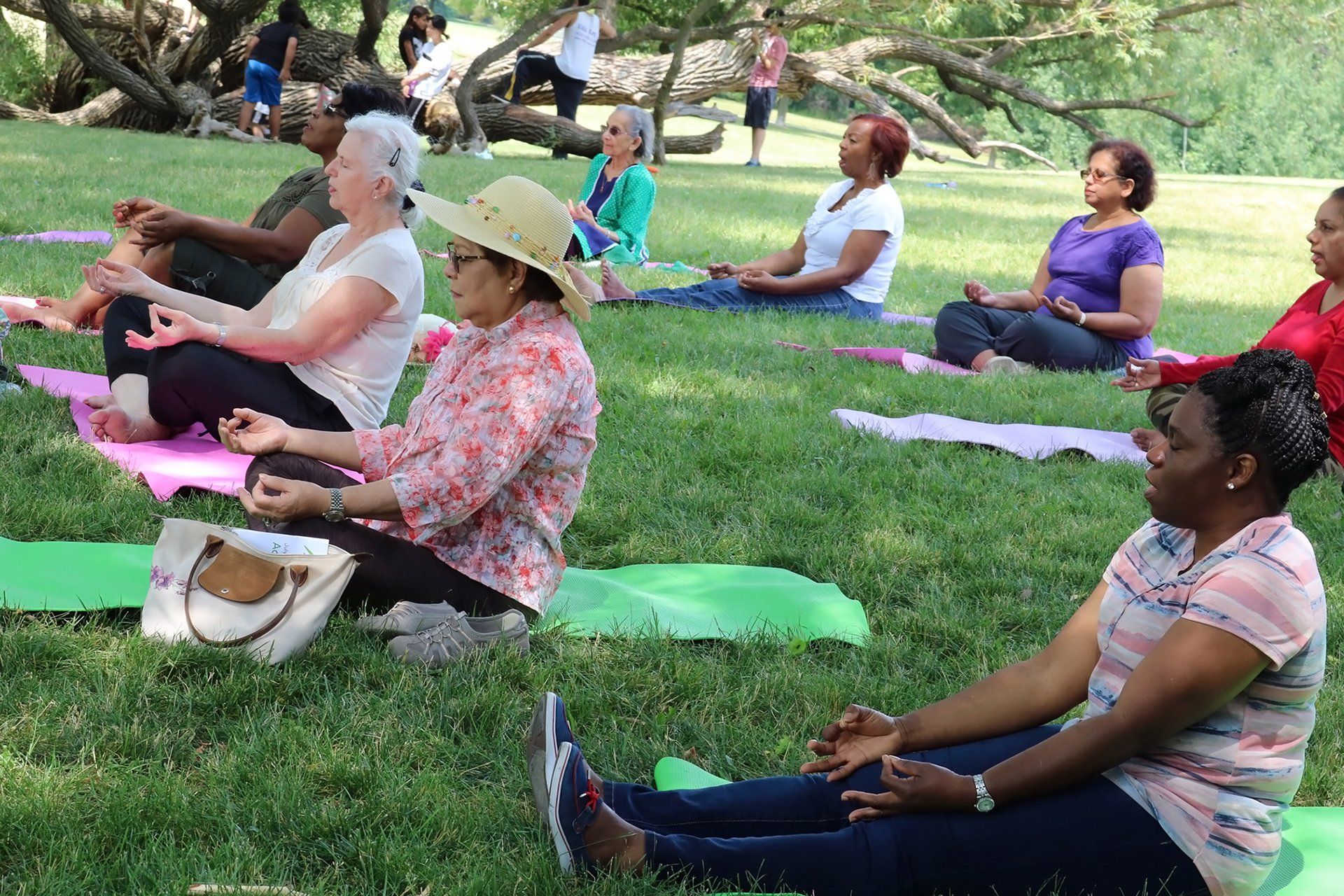 A group of people are sitting on yoga mats in a park.