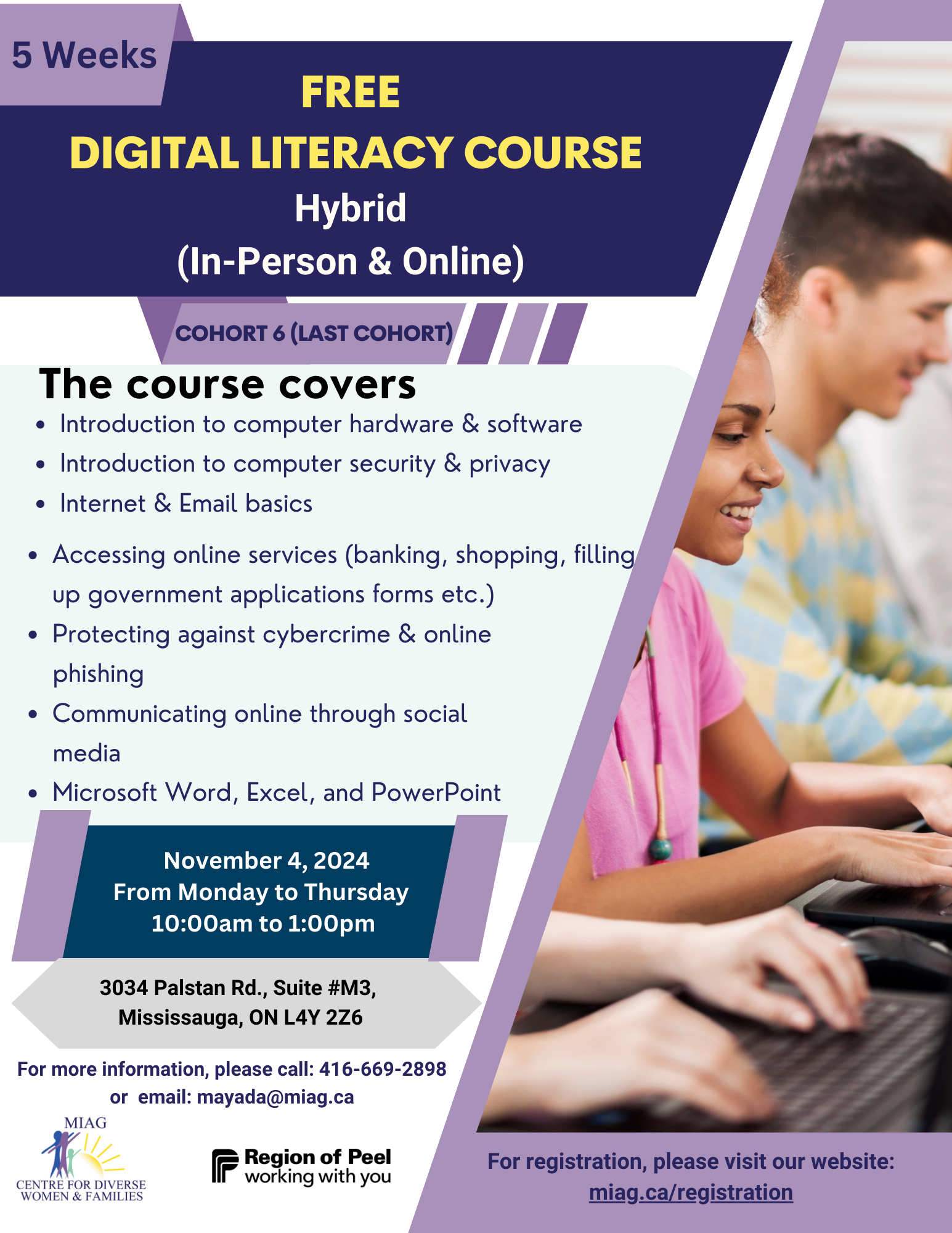 A flyer for a free digital literacy course hybrid in person and online.