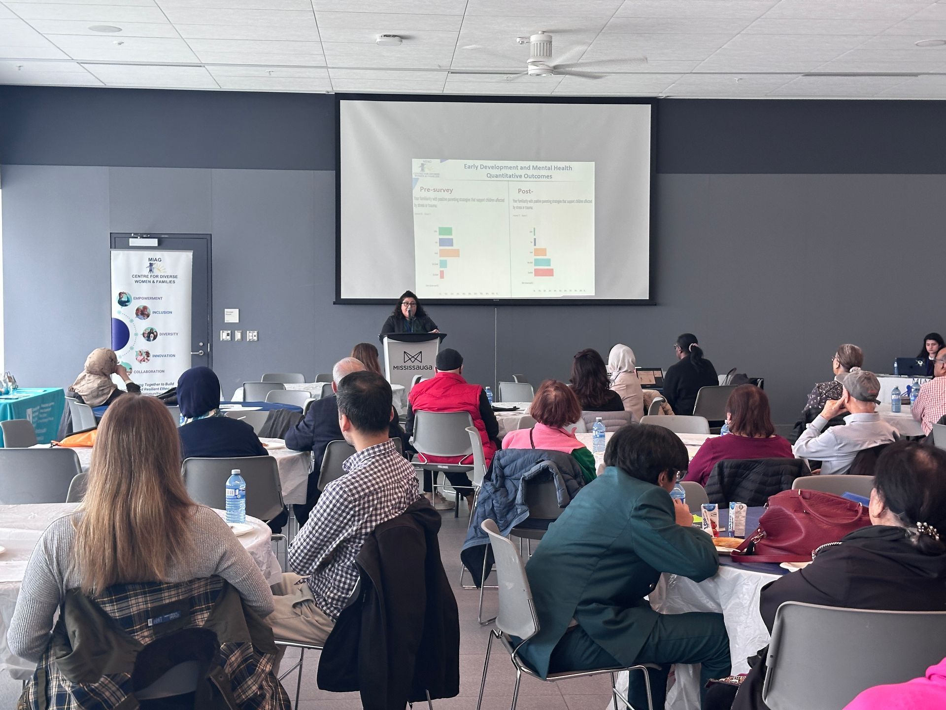 A speaker stands at a podium presenting to an audience seated in a conference room with a projected graph.