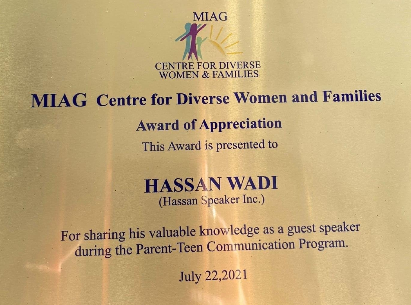 Miag centre for diverse women and families award of appreciation