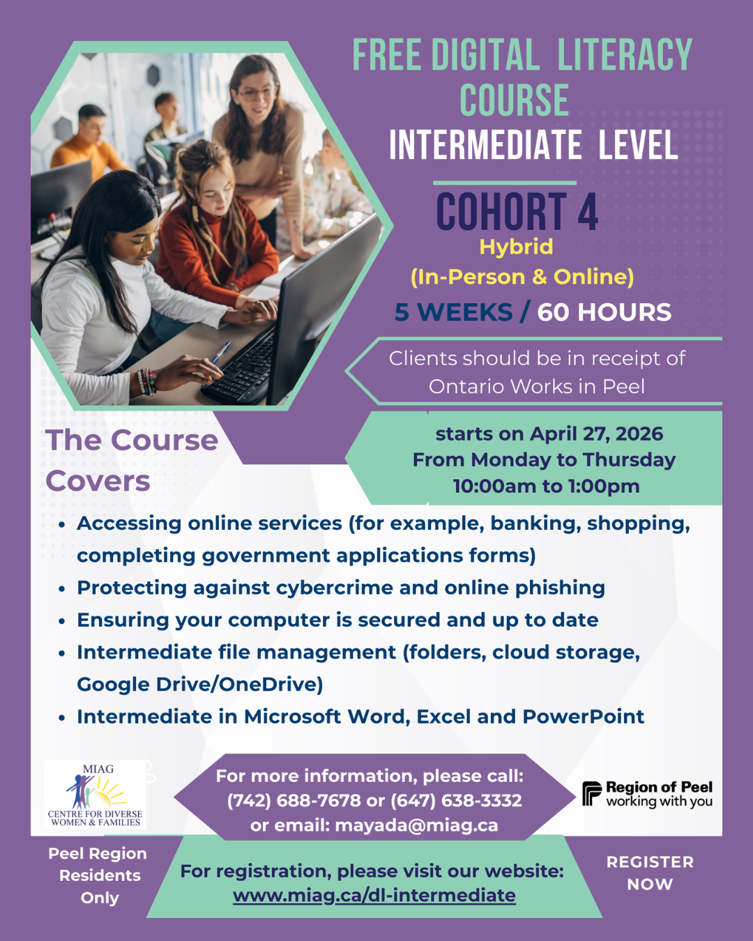 A poster for a free digital literacy course hybrid in person and online