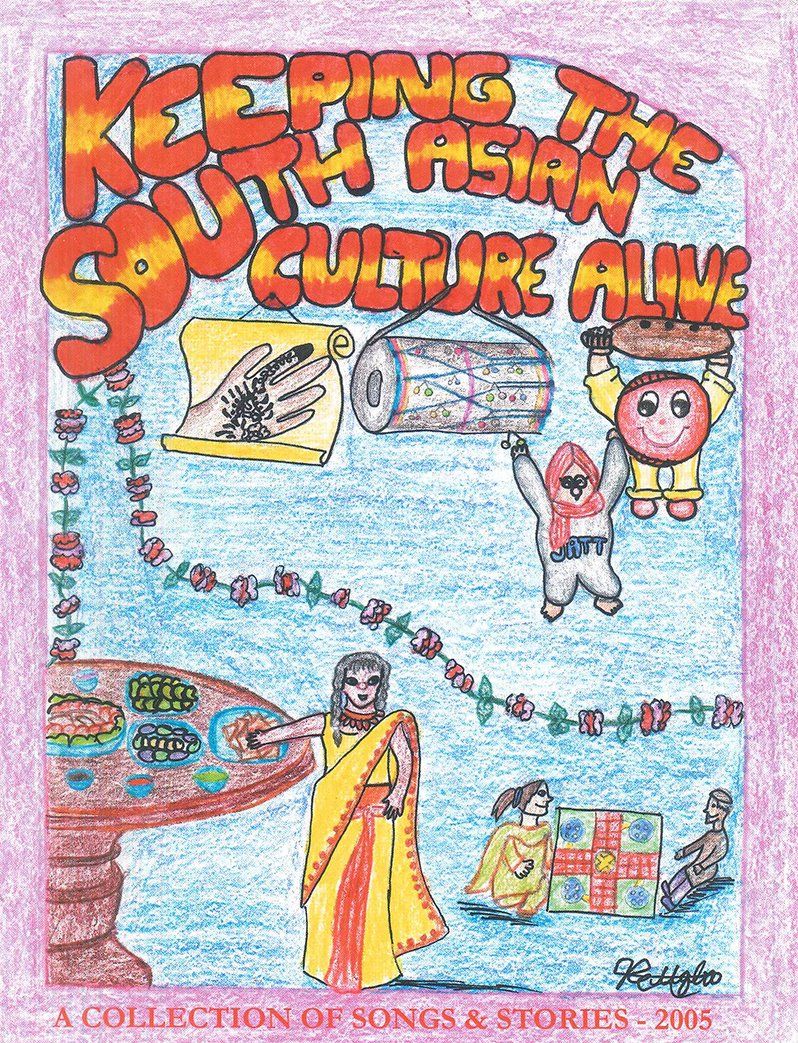 A drawing of a woman in a yellow sari on the cover of a book titled keeping the south asian culture alive.