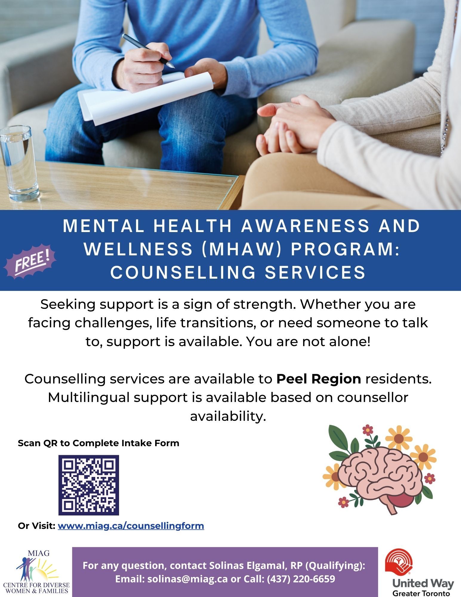 Advertisement for free counseling services: people in session; purple text overlay.