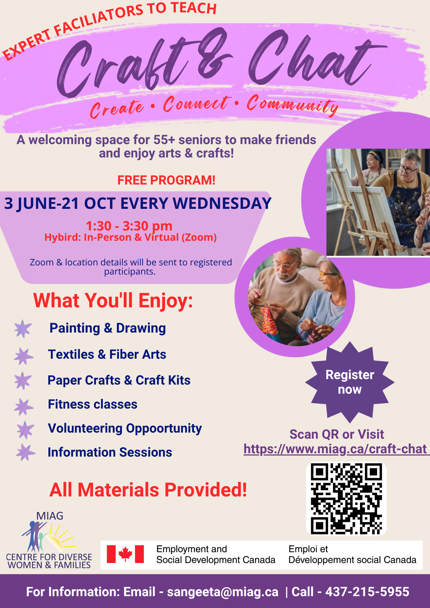 Craft Chat flyer for weekly creative community sessions, June 3–21, with painting, drawing, writing, and free materials.