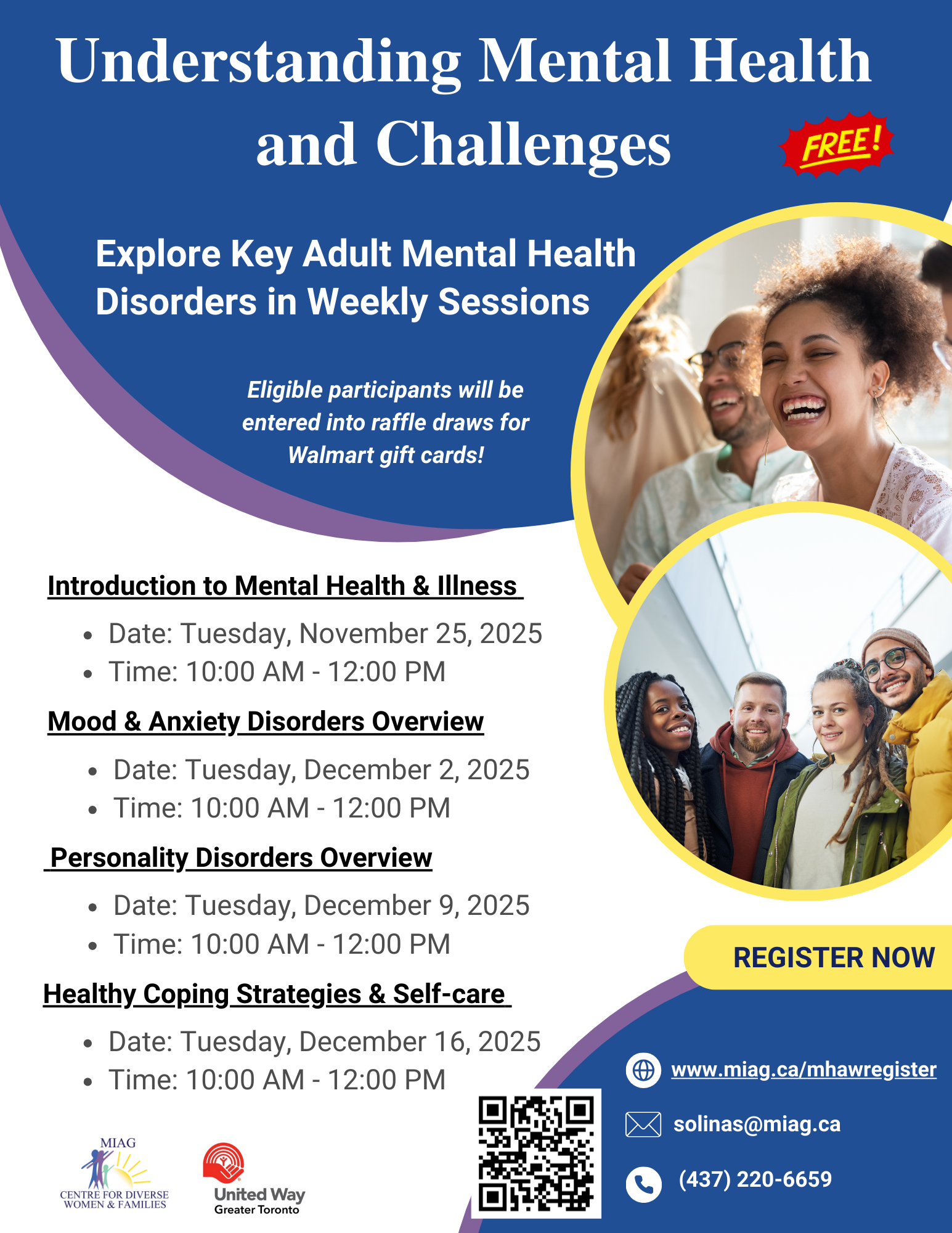 Flyer about youth mental health workshops: Anxiety, depression, substance use, and behavioral addictions.  Free.