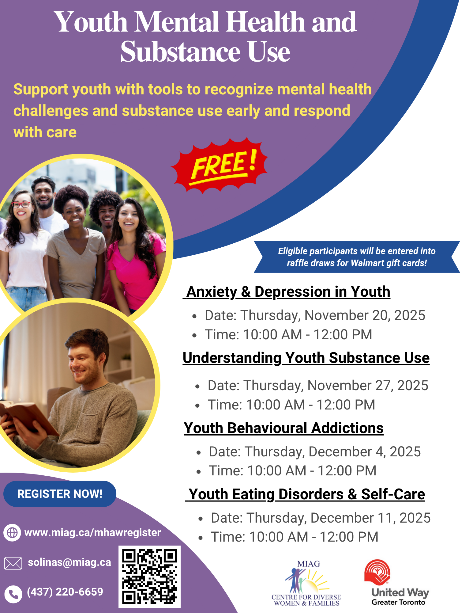 Flyer about youth mental health workshops: Anxiety, depression, substance use, and behavioral addictions.  Free.