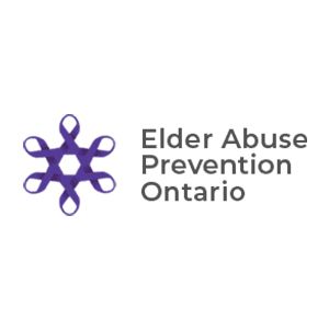 Purple flower-like logo of Elder Abuse Prevention Ontario with text on a white background.