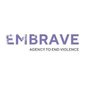 Logo for EMBRAVE, agency to end violence, in purple font. 