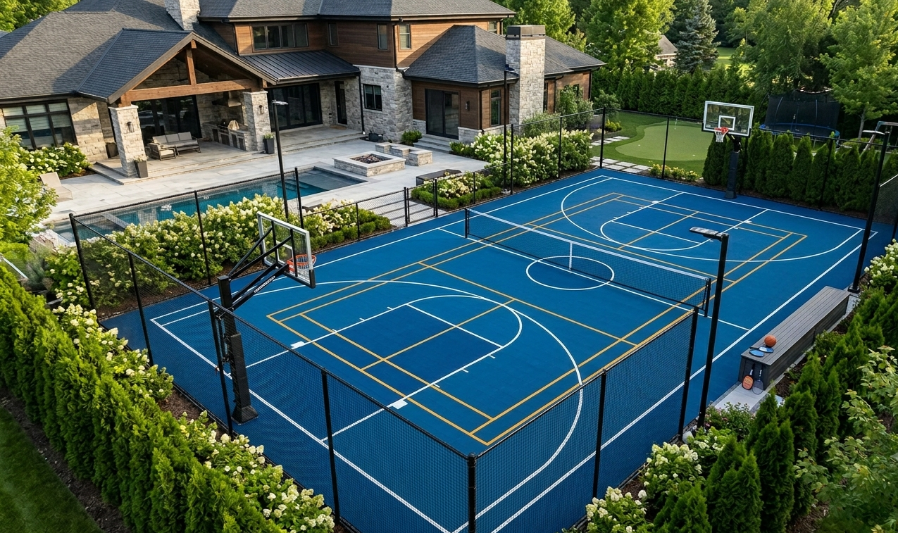 Aerial view of a blue outdoor tennis court beside a modern house, surrounded by trees and hedges