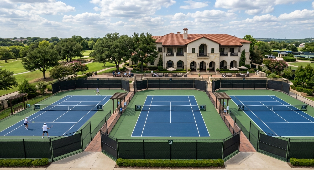 Aerial view of three outdoor tennis courts beside a large villa and green trees under a blue sky