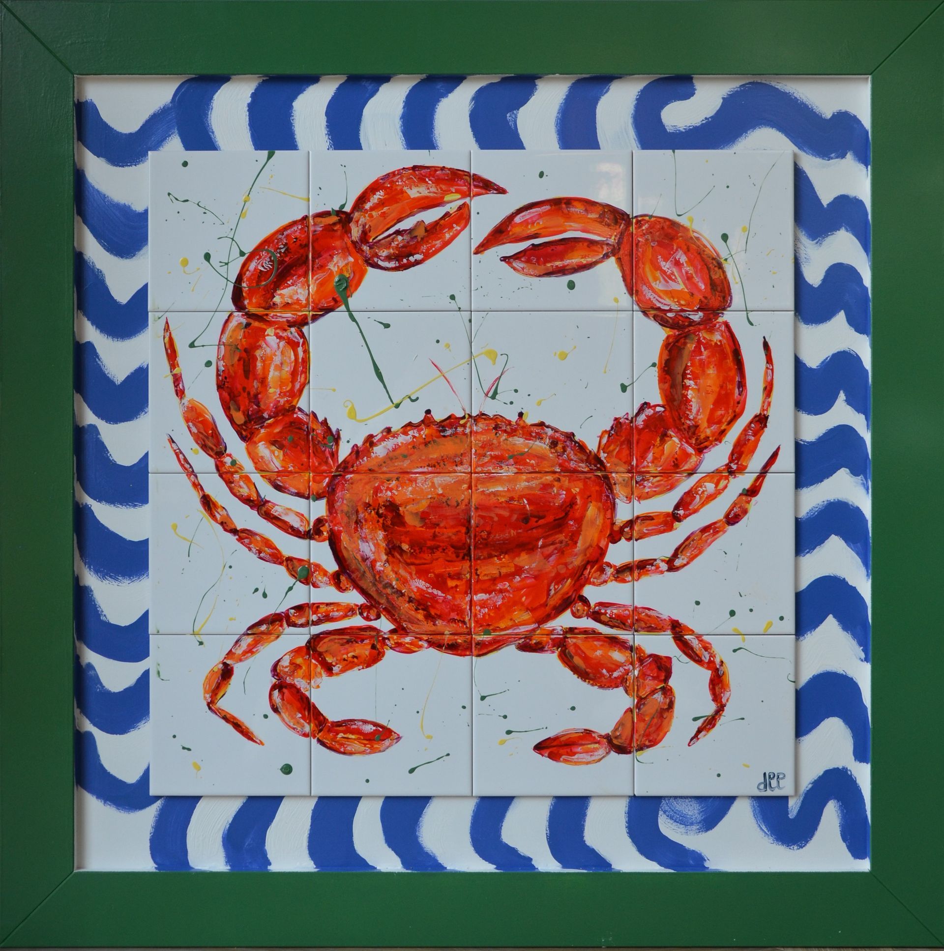 
Oranje rode krab met alle kleuren spetters op blauw wit golvend gestreepte lijst met groene rand.  Tegeltableau 16 tegels á 15 x 15 cm. Totale omvang  90 x 90 cm. handbeschilderde tegeltjes afgebakken in oven keukendecoratie wanddecoratie keukendesign interieur kleurrijkwonen. tegeltableaus, tegelkunst, tegeltjekunst, wandtegels, handbeschilderde tegels. 