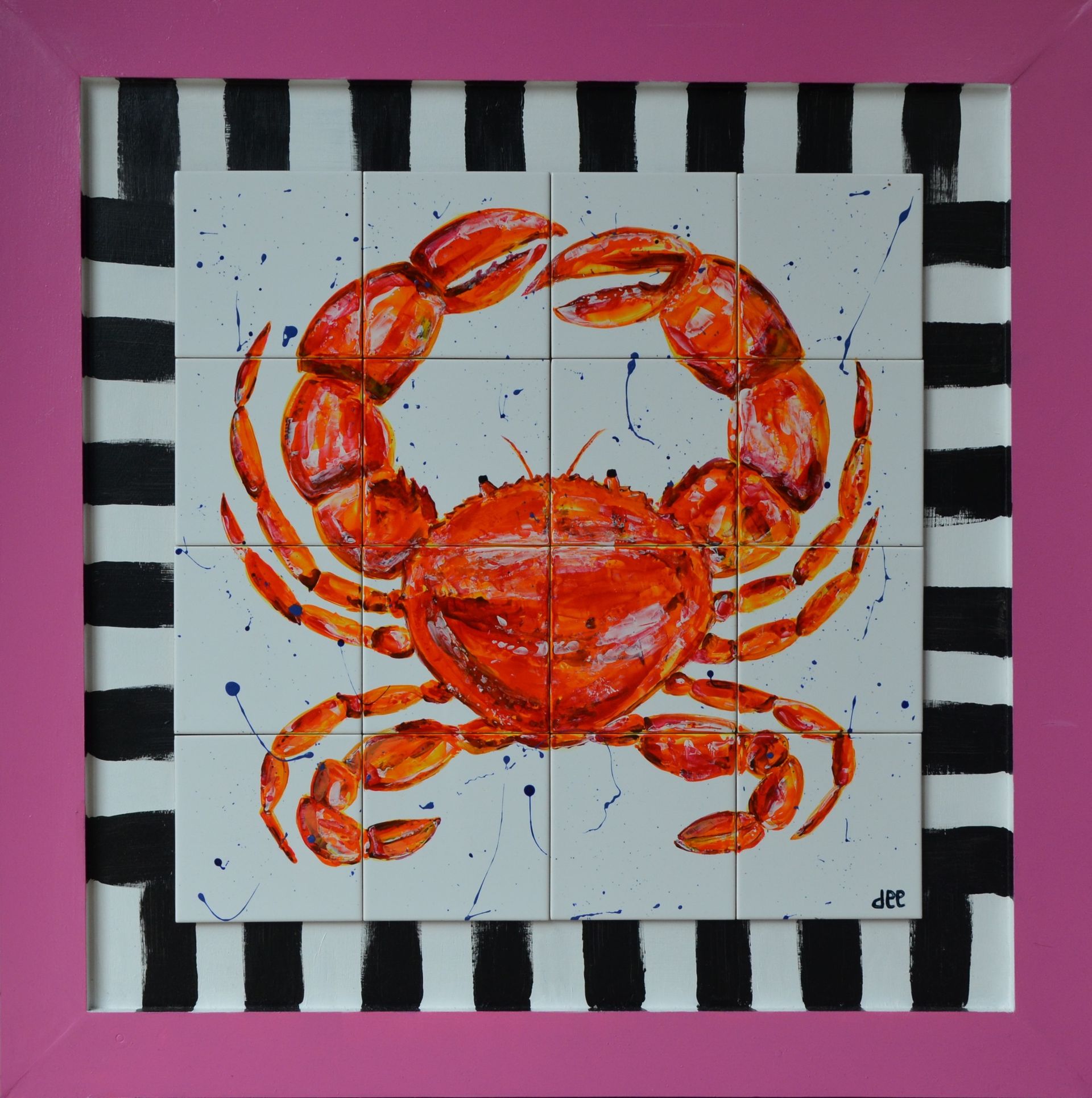 
Oranje rode krab met alle kleuren spetters op zwart wit gestreepte lijst met knalroze rand.  Tegeltableau 16 tegels á 15 x 15 cm. Totale omvang  90 x 90 cm. handbeschilderde tegeltjes afgebakken in oven keukendecoratie wanddecoratie keukendesign interieur kleurrijkwonen. tegeltableaus, tegelkunst, tegeltjekunst, wandtegels, handbeschilderde tegels. 